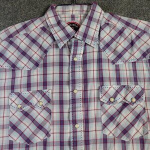 Double S Shirt XL Blue Plaid Short Sleeve Pearl Snap Western Sawtooth